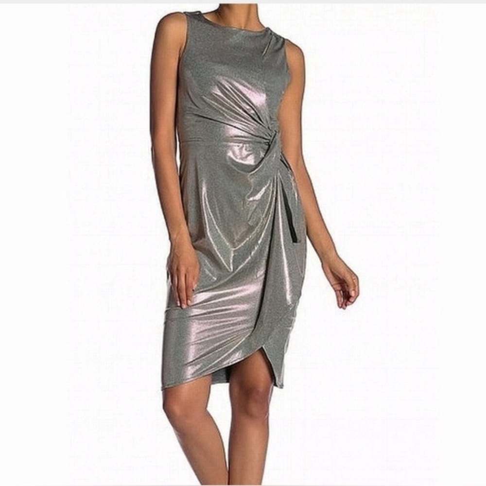 superfoxx. Metallic Faux Wrap Dress. Gold & Gray. Size medium.